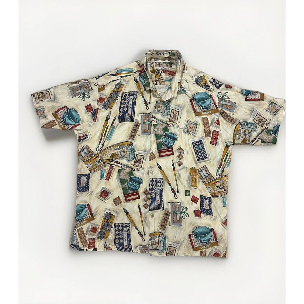 Vintage Tori Richard Hawaiian Shirt Japanese Calligraphy Rayon Size Large artist